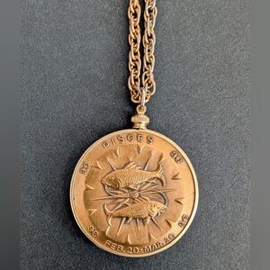 Zodiac Vintage Brass Toned Pisces Coin Pendant Necklace
